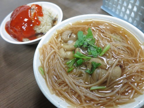 Oyster Vermicelli with a side of Oil Rice (liberally coated in hot sauce, no less)