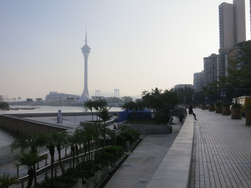 The Shoreline of the Macau peninsula, with the Macau Tower just visible in the distance
