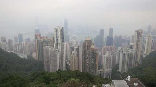 View of Hong Kong as een from Victoria Peak (and unfortunately through the rain)