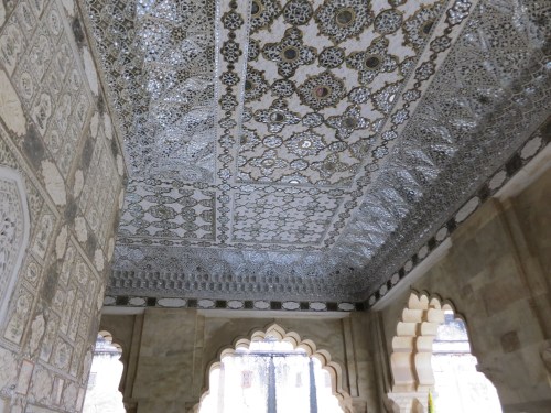 The shiny, mirrored suface of the walls and ceiling of the Jai Mandir (Hall of Victory)
