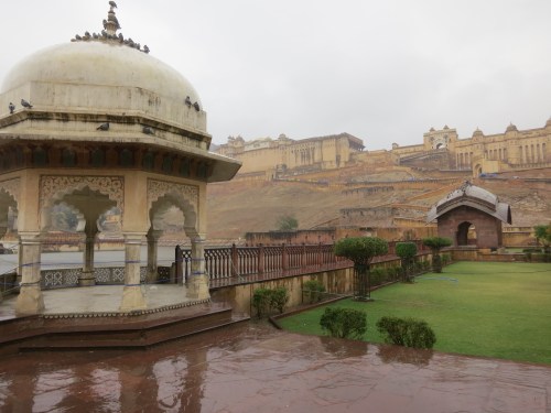 Looking over a small pavilion towards the Amber Fort