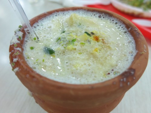 Finally, Hot MIlk served in a clay jar and fancied-up with the addition of saffron, pistachios, and dried dates
