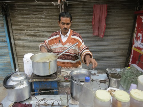 My Chai vendor in New Delhi.  It became a morning ritual for me to stop in for a glass or two -- and at the cost of only 8 rupees, or roughly 15 cents, a pop, it was easy on the wallet, too 