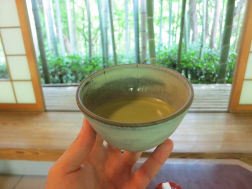 Enjoying a nice bowl of Matcha tea with a great view