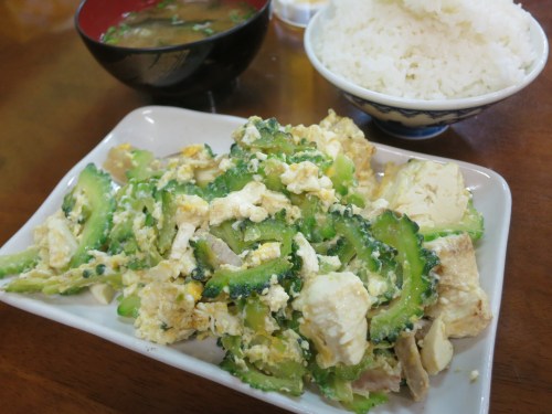 The classic Okinawan Stir-fry: Goya Champaru, which utilizes the ever-present Bitter Melon (Goya), a form of tofu unique to the islands, and a touch of pork thrown in for good measure