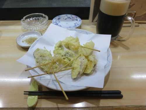 Eel, Taro (Sweet Potato), and Shrimp Tempura with a frosty beer