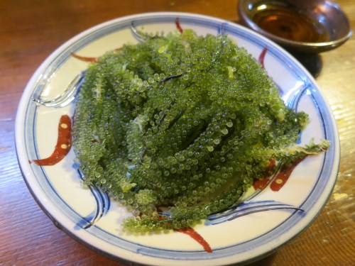 Umi-budo, or “Sea grapes” are usually served raw with a ponzu dipping sauce (although they do occasionally find their way into a few sushi preparations, too)