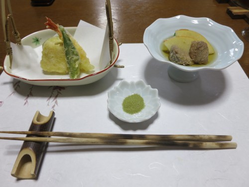 Tempura Vegetables with Green Tea Salt (on the left) and a cold dish of lightly cooked fish with apples (on the right)