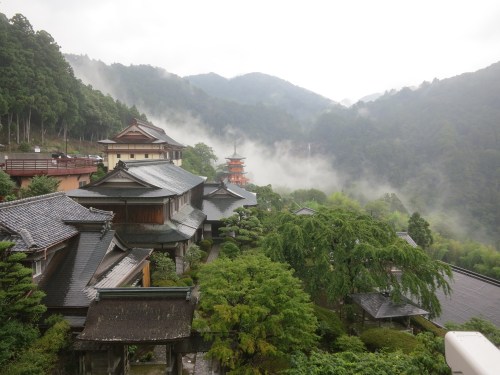 The view over Nachi-san, with a three-storied Pagoda and the waterfall just visible in the distance